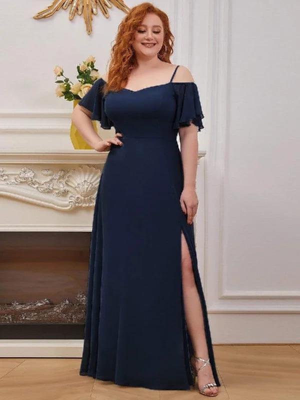 Plus Size Cold Shoulder Bridesmaid Dress with Side Slit Plus Size Embroidered