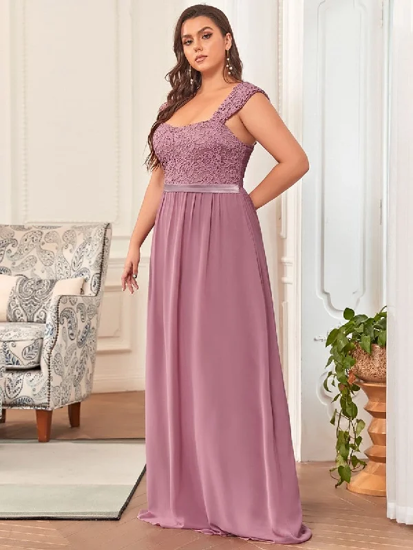 Plus Size Elegant A Line Long Chiffon Bridesmaid Dress With Lace Bodice Plus Size Off-shoulder