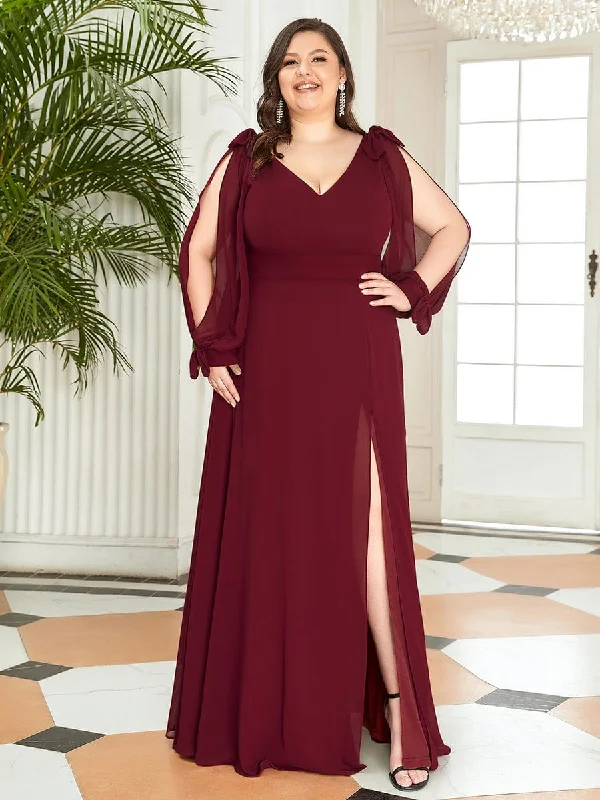 Plus Size Open Lantern Sleeve A-Line Bridesmaid Dress Stylish Plus Gown