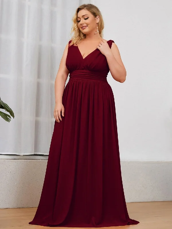 Plus Size Sleeveless V-Neck Semi-Formal Chiffon Bridesmaid Dress Plus Size Mesh