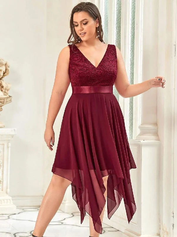 Plus Size Stunning V Neck Lace & Chiffon Prom Dress for Women Plus Size Glitter