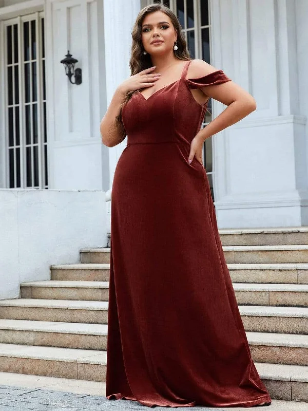 Plus Size Velvet Cold-Shoulder Sweetheart Column Bridesmaid Dress Plus Size Sleeveless