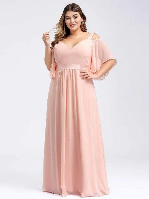 Plus Size Women's Off Shoulder Bridesmaid Dress with Ruffle Sleeves Flattering Plus Dress