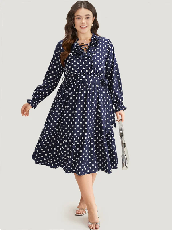 Polka Dot Ruffle Trim Belted Lace Up Dress Lace Dress Glamour