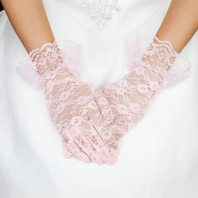 Vintage Style Lace Wrist Gloves in Pink Lace Cocktail Gown