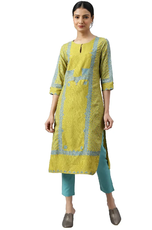 W for Woman Green Placement Print Embellished Kurta Tiered Lace Dress