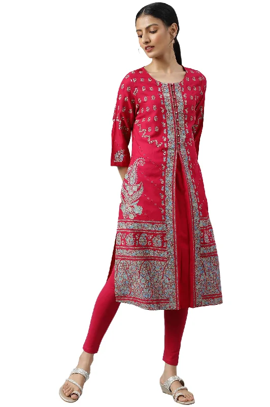 W for Woman Pink Placement Print Rayon Kurta Pink Lace Dress