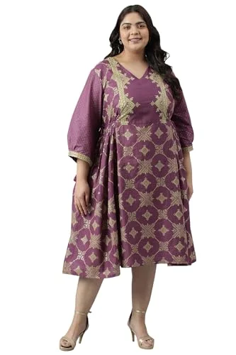 W for Woman Women's Cotton Plus Size Purple Festive Gathered Dress with Sequin Calf Length Orchid Plus Size Belted