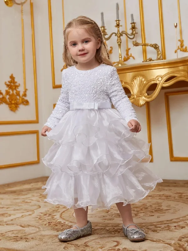 Young Girls' Sequin Contrast Layered Organza Hem Dress Silver Sequin Dress