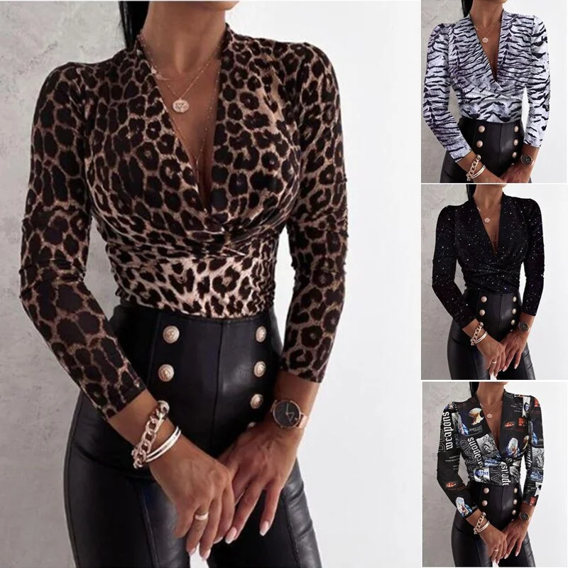 2023 Sexy Leopard Blus Wanita Kasual Lengan Panjang Mendalam V Leher Bodycon Top Wanita Elegan Kantor Wanita Blus Kemeja Mujer Blusas Short Bodycon Dress