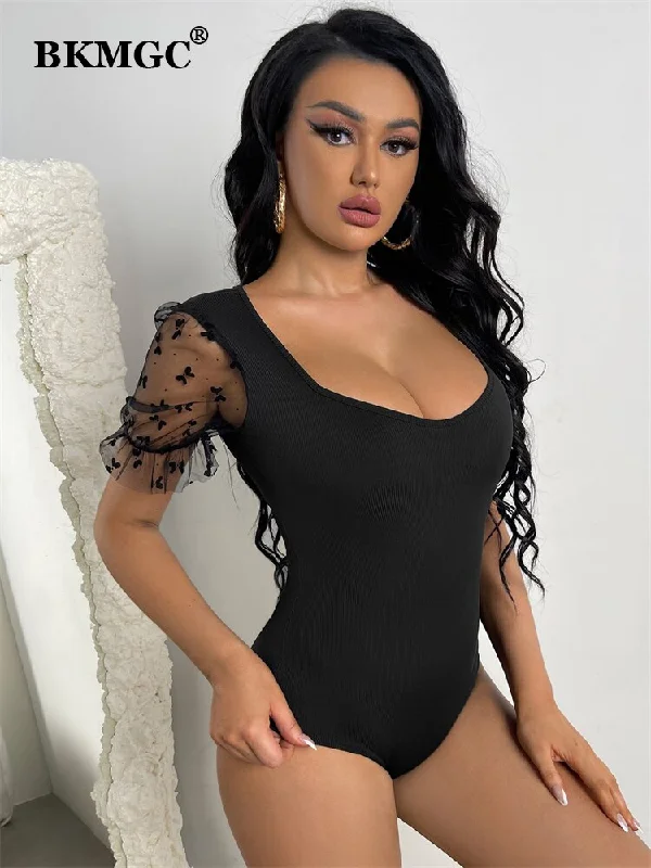 BKMGC Sexy Solid Black Square Neeck Jumpsuit Womens Mesh Short Lace Sleeves Dancing Clubwear Elastic Bodycon Summer Clothes 2023 Bodycon Evening Gown