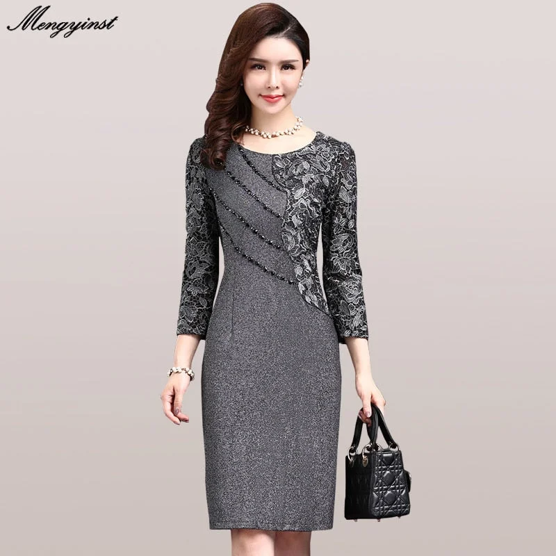 Elegant Long Sleeve Dress For Women 2023 Autumn Vintage Female Sexy Office Lady Ol Work Dresses Bodycon Lace Patchwork Vestidos Elegant Bodycon Dress