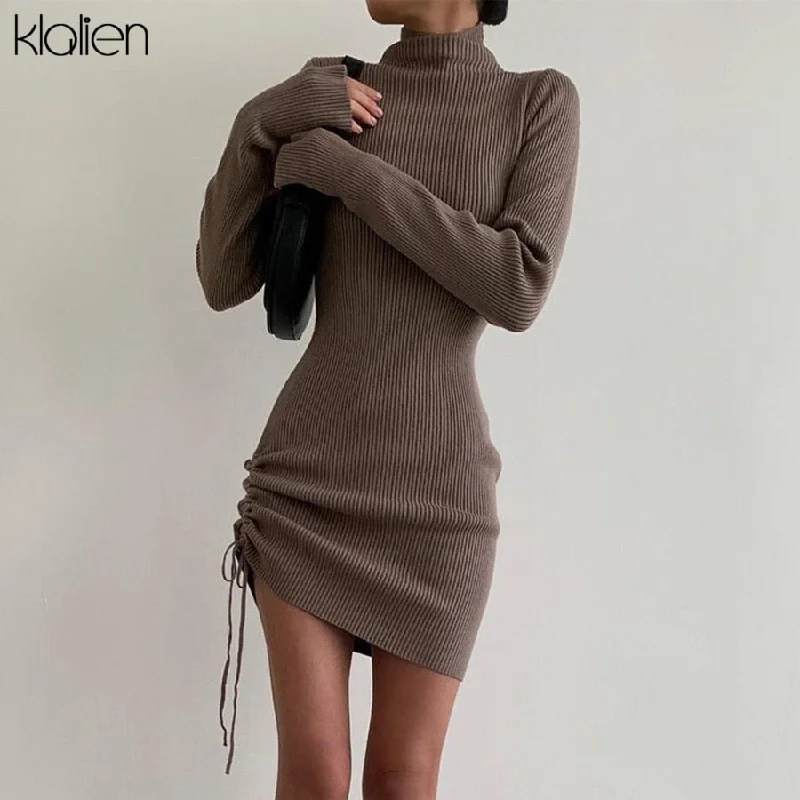 KLALIEN Autumn Sweater Dress Women Long Sleeve Turtleneck Knit Solid Slim Drawstring Bodycon Dress Thicken Warm Streetwear Sleeveless Bodycon Dress