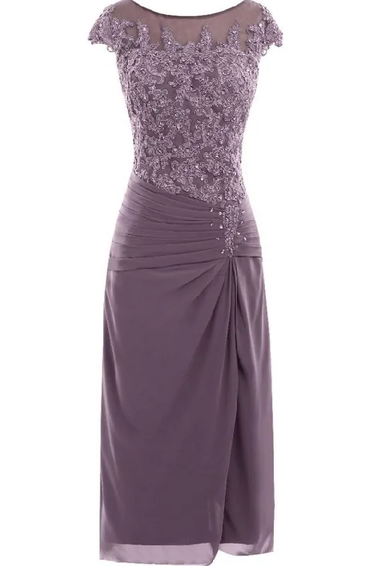 knee length mauve tight chiffon mother of the bride/prom dress with cap sleeves Bodycon Party Dress