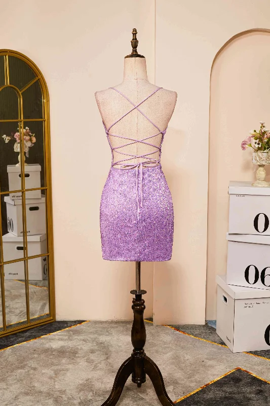 Lace-Up Lilac Sequin Tight Short Homecoming Dress Bodycon Dress Curve