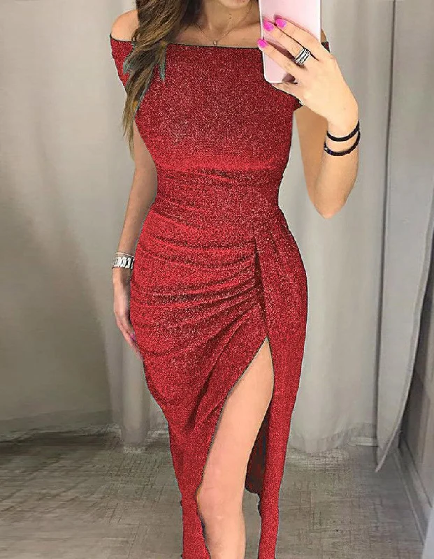 Solid-color Off The Shoulder Slits Asymmetrical Sequin Bodycon Dresses Bodycon Dress Summer