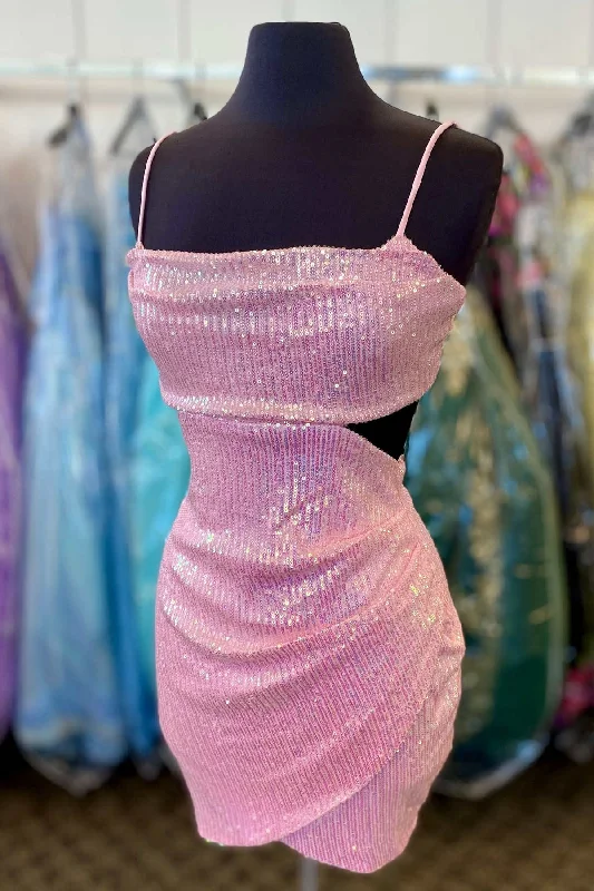 Straps Pink Sequin Tight Homecoming Dress Fashion Bodycon Dress