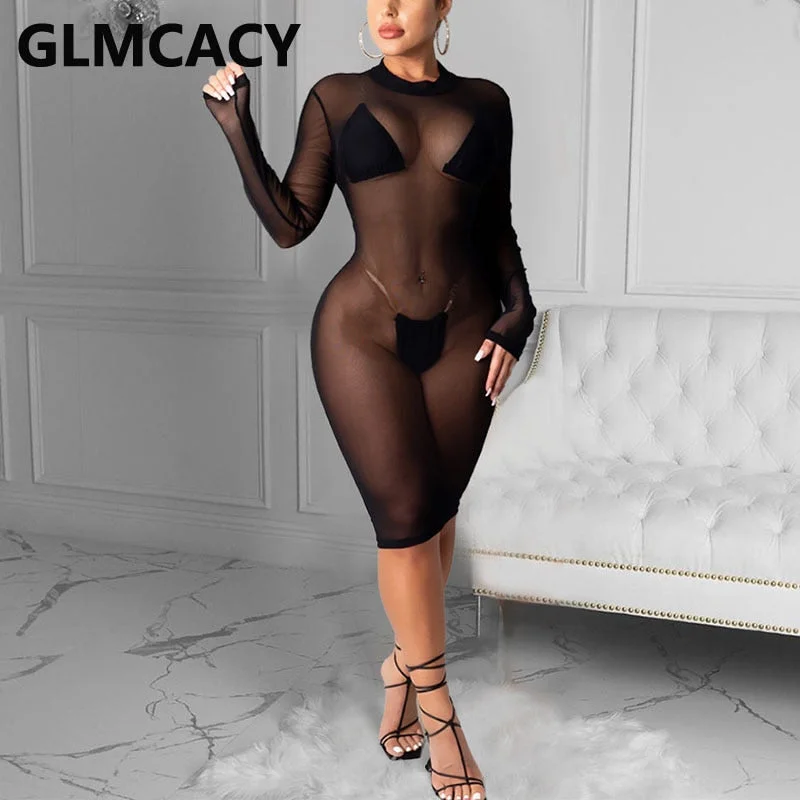 Women Long Sleeve Mesh Sheer Sexy Bodycon Dress Mesh Bodycon Gown