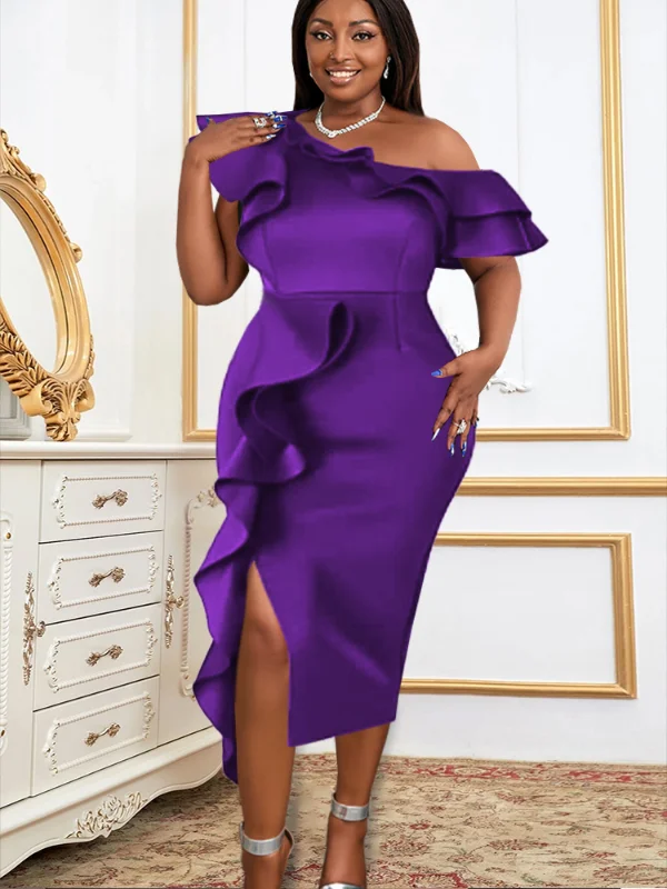 Women Purple Off Shoulder Ruffles Bodycon Dress Plunging Bodycon Dress