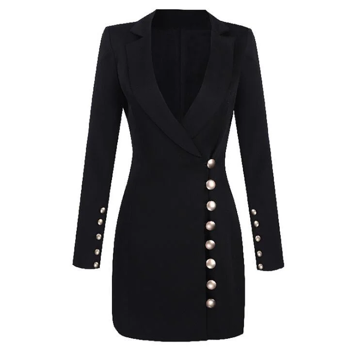 Women's Blazer Dress 2023 Summer Sexy Elegant V Neck Slim Solid color Metal Buttons Design Bodycon Long Blazer Femme Jacket Coat Bodycon Dress Party